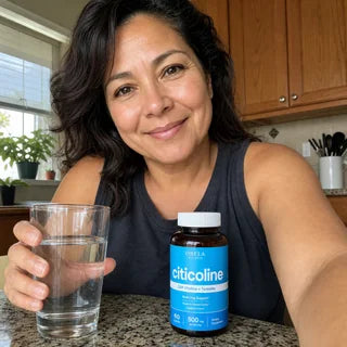 Customer with a glass of water and Orela Clear Focus Citicoline