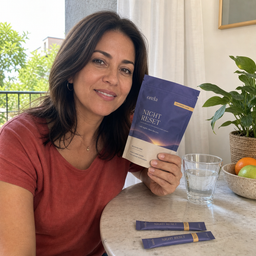 Customer holding an Orela Night Reset pouch at home