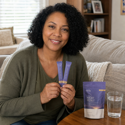 Customer holding an Orela Night Reset pouch in a kitchen
