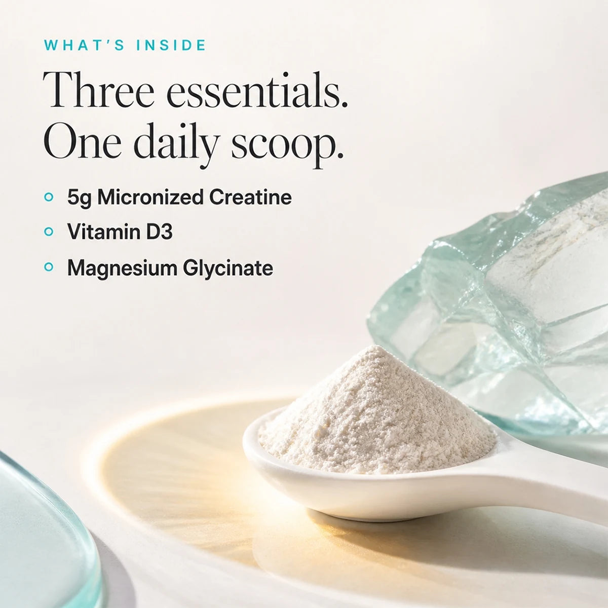 Orela Women's Creatine ingredients: 5g micronized creatine, vitamin D3, and magnesium glycinate