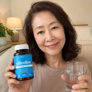 Customer holding Orela Clear Focus Citicoline with a glass of water