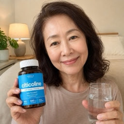 Woman holding an Orela Citicoline bottle and a glass of water